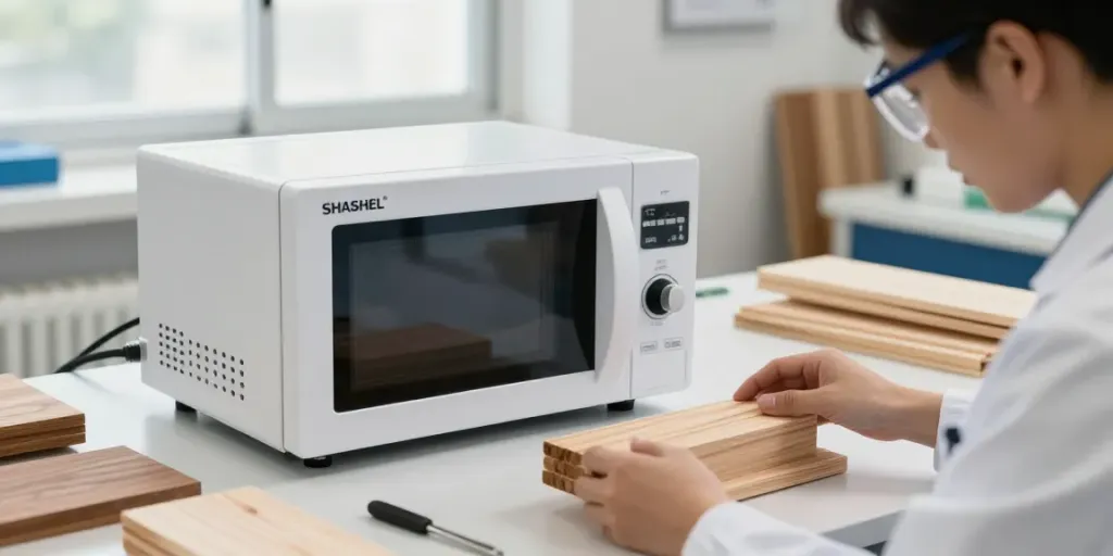Efficient SHASHEL® microwave technology eliminating wood pests in a professional workshop.