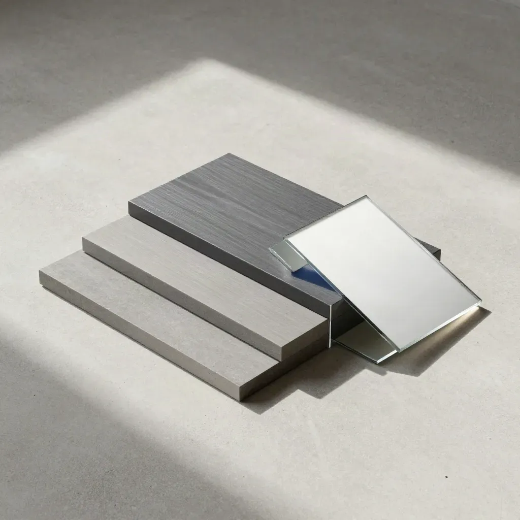 Overhead flatlay of three benchmark slabs and a mirrored divider on pale concrete.