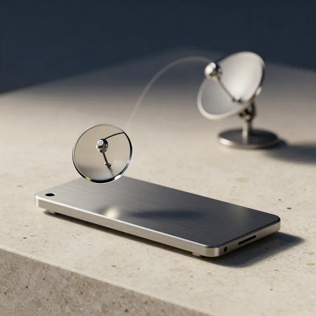 Graphite city-report module with two orbiting pucks on pale travertine, in soft studio light.