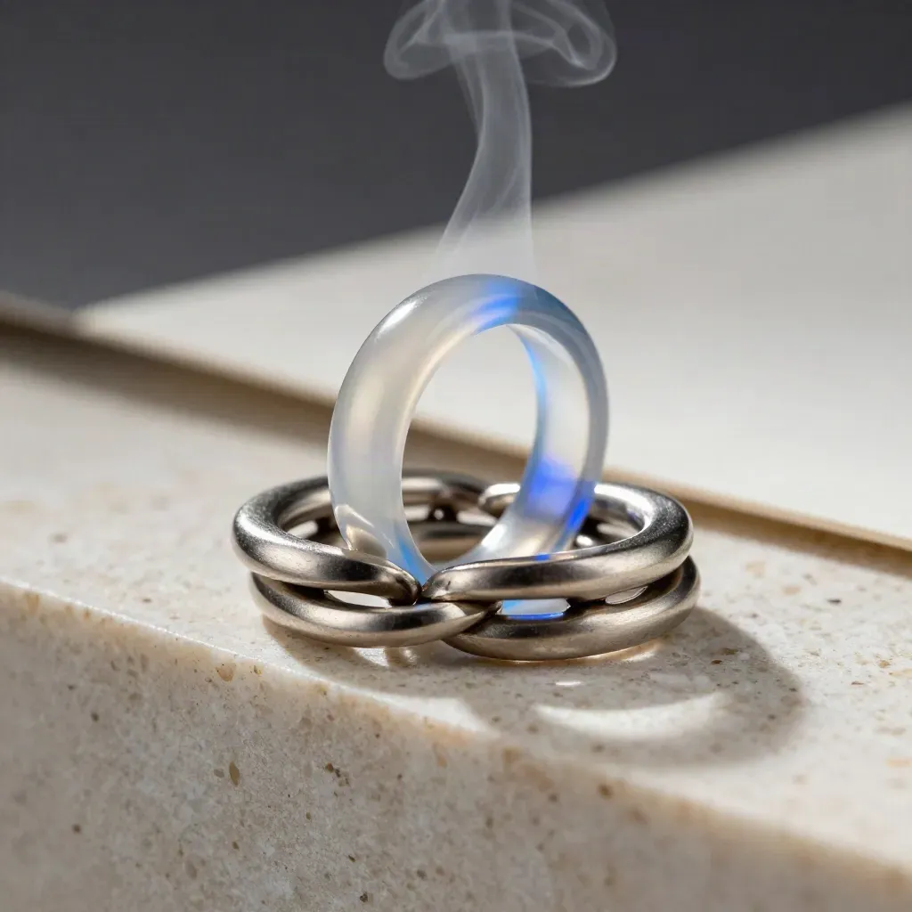 Brushed steel monitoring token with a translucent ring and blue glint on travertine.