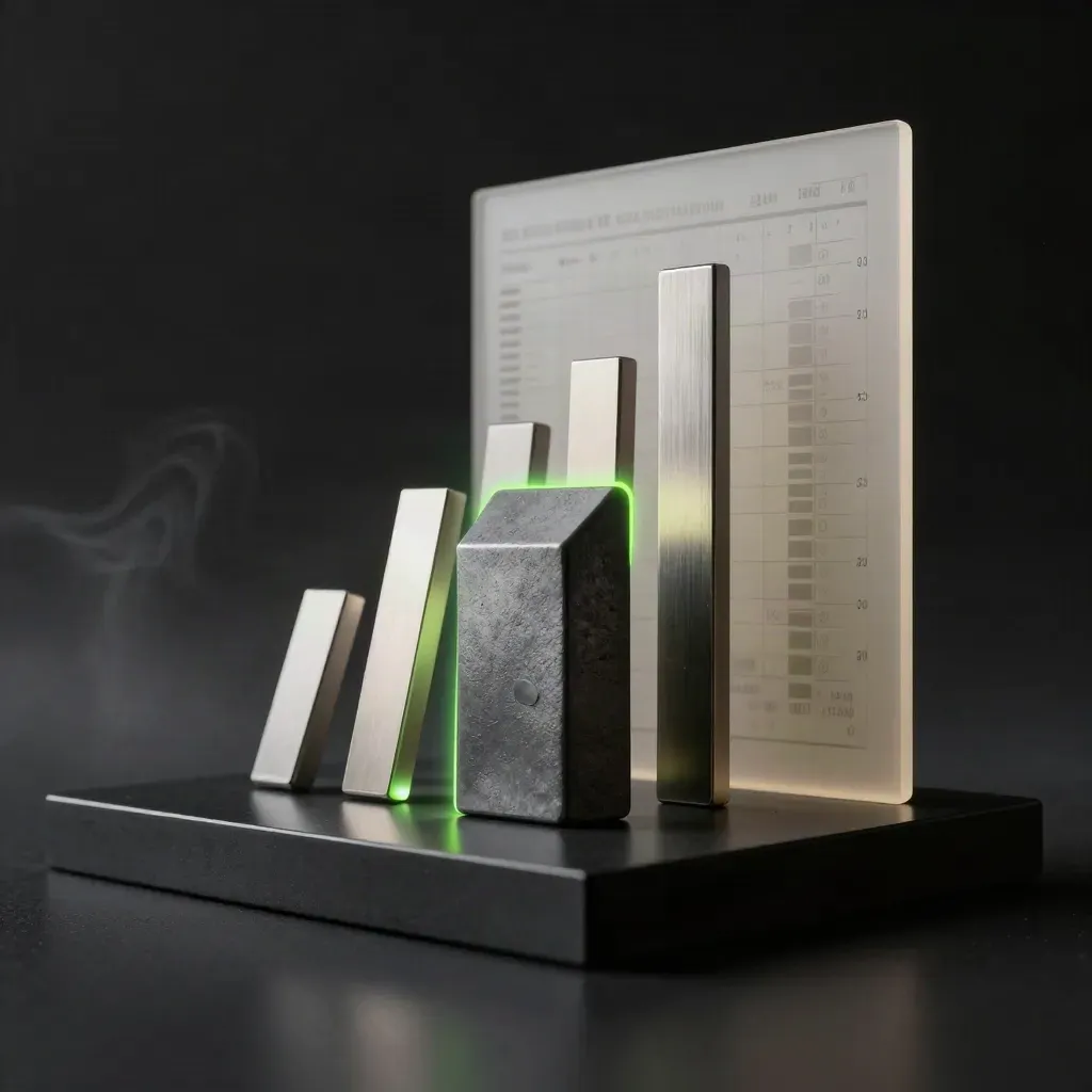 Low-angle dark AI visibility sculpture with five rival markers and a green accent glow.