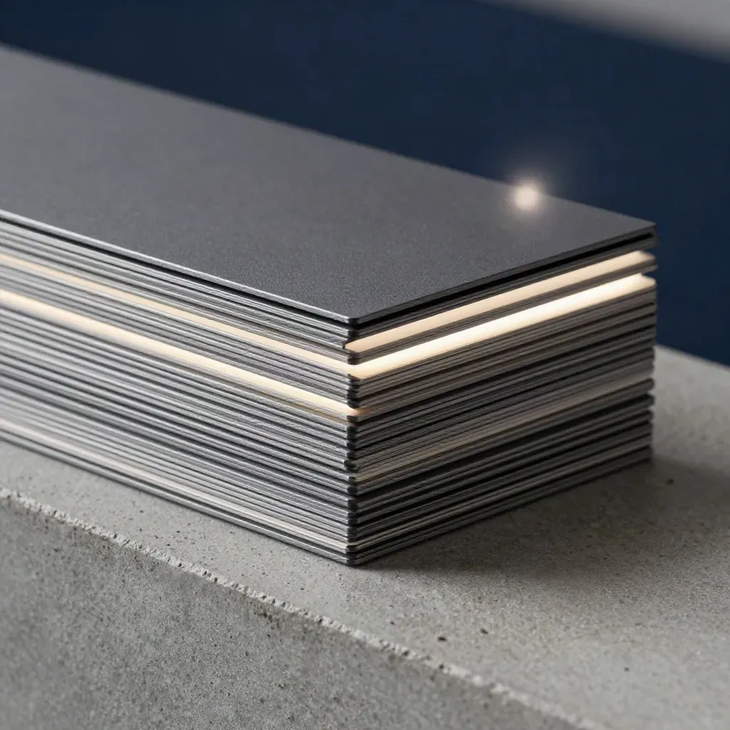 Macro of graphite modules and a pale strip on cool concrete with soft light.