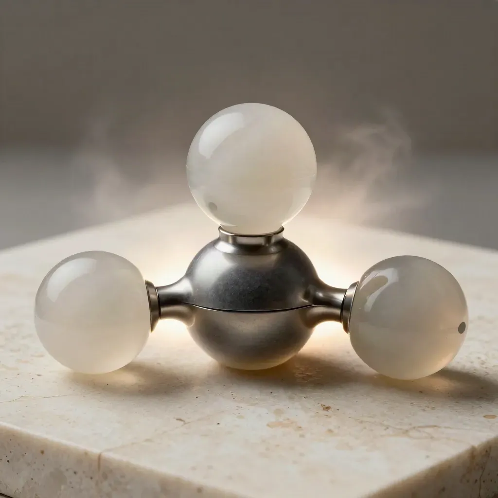 Translucent team-plan hub with three small nodes on pale stone, softly lit.